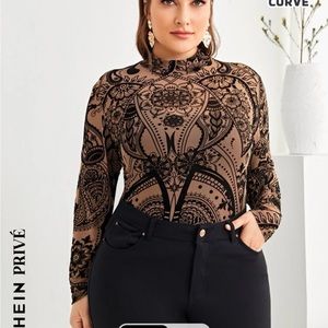 SHEIN Privé Plus Mock Neck Paisley Print Mesh Top US20